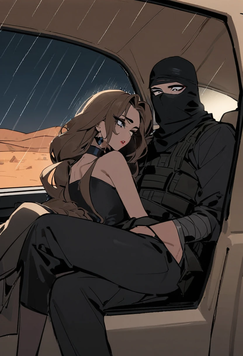 Male arab modern terrorist, terrorist, black balaclava, black bandage, white  eyes, black clothes, thin waist, light skin, makeup, black eyeliner, big eyelashes, black eyeshadow, choker, inside the car, desert, night, rain, hetero duo, 1girl, brown long hair girl, girl without a mask, makeup, she sits on him