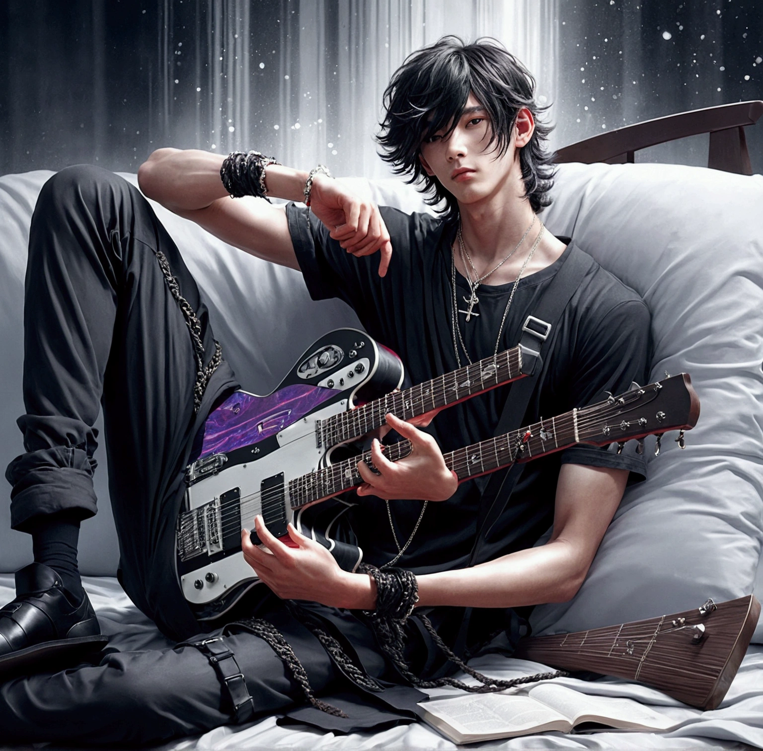 1 boy sitting with one leg up, long wavy black hair with red strands, White skin,