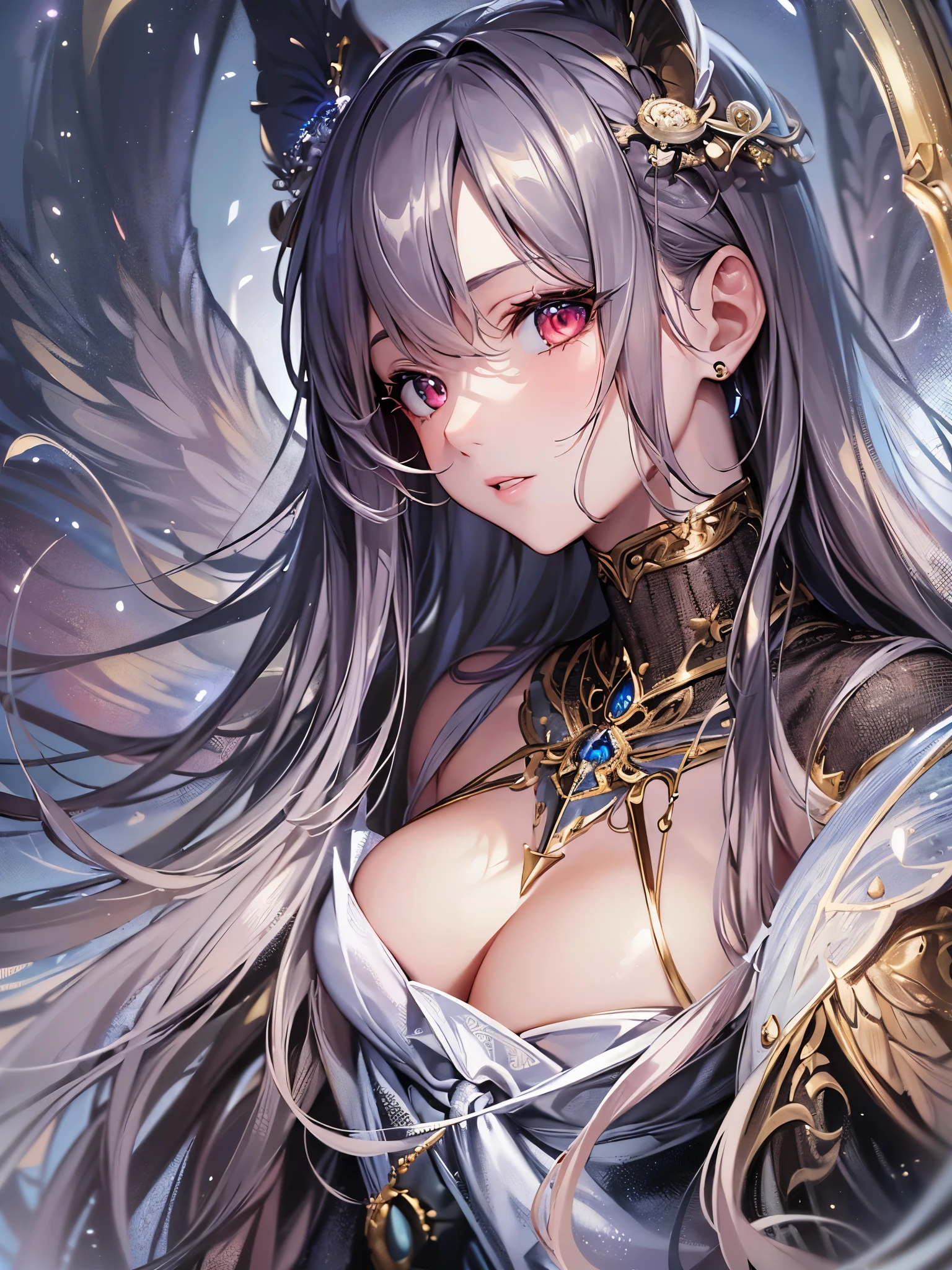 ((Highest quality)),(Ultra-high resolution),(Super detailed),(Detailed Description),((The best CG)),(masterpiece),Highly detailed art,(Fantasy art with intricate detail:1.5), (woman:1.7),(Shiny Hair:1.4),Cleavage:1.6,Luxurious accessories:1.5,