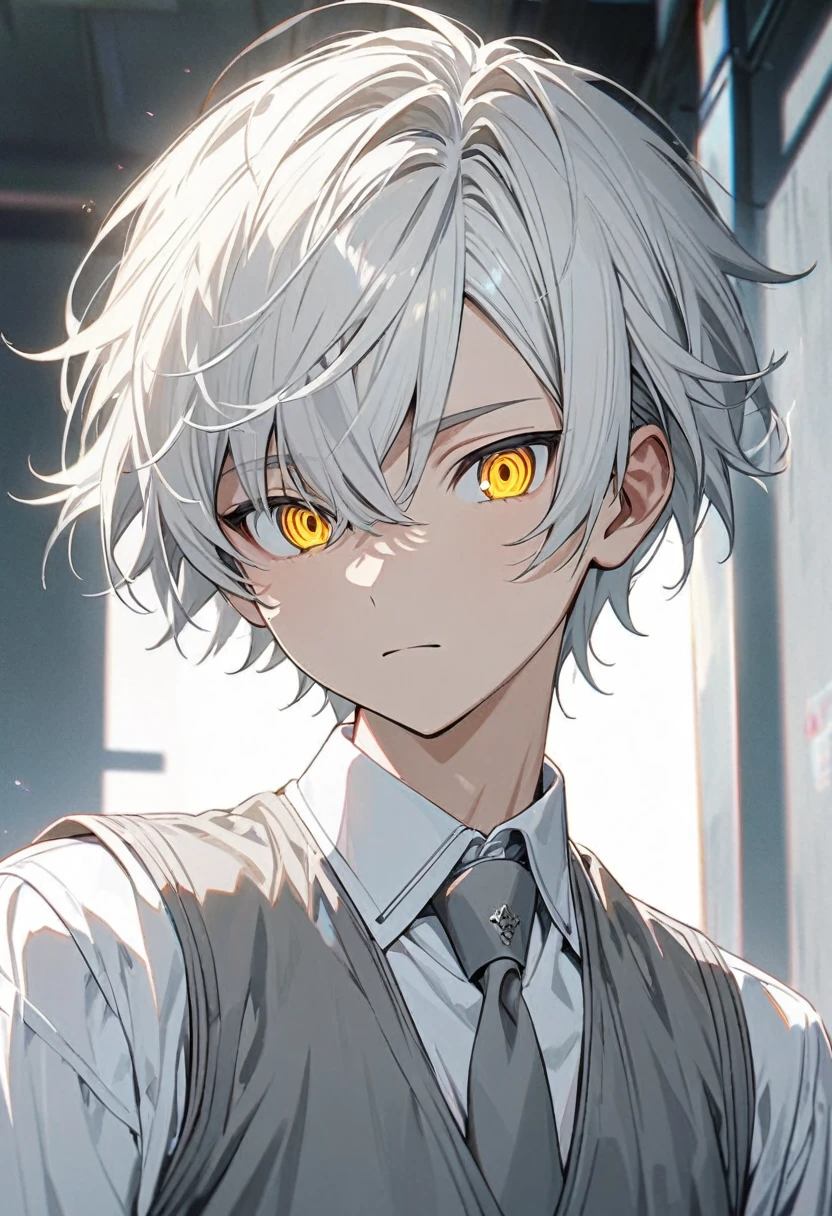 an anime boy, white hair, yellow eyes, white shirt, gray tie, neutral expression, slender body, short hair, handsome, gray vest, front hair swept to one side, detailed eyes, ultra detailed, high quality, Teen, soft features, adorable.