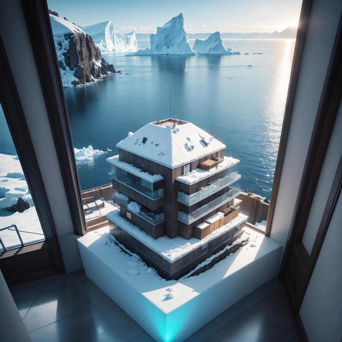 Imaginez une vue sur le béton, manoir moderne parfaitement intégré dans un iceberg, incarnant le mélange parfait d'architecture moderne et d'iceberg. Concevez une retraite somptueuse avec un intérieur confortable et chaleureux qui allie l'élégance robuste des matériaux en bois et en béton. Voir grand, Fenêtres en verre stratégiquement placées offrant une vue imprenable sur la mer froide et les icebergs environnants. Votre défi est de créer un chef-d'œuvre harmonieux qui non seulement témoigne de l'innovation architecturale, mais offre également un havre de paix accueillant et confortable dans ce lieu unique., environnement gelé. Libérez votre créativité pour créer un manoir en béton qui redéfinit le luxe au milieu de la sérénité du paysage marin arctique..