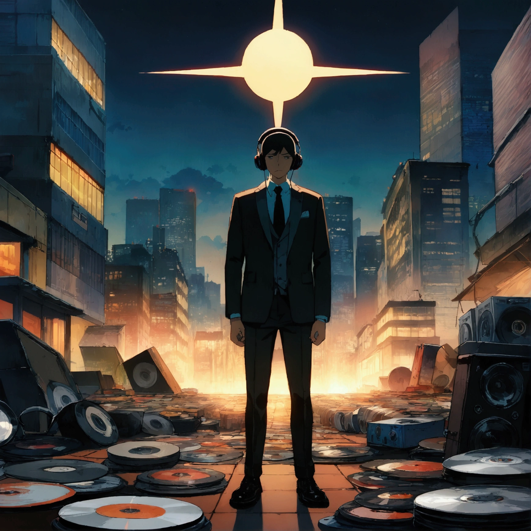 A boy wearing headphones and listening to music while wearing a suit, very detailed, dinner, sad mood, Modern buildings stand tall, night scenery, , 2d, (Shooting from a distance), wide shot, (noise in film), old cartoons, (Lots of records: 1.3), (masterpiece, very high quality, very high quality, official art, beautifully, aesthetic: 1.2), (very detailed, (fractal art: 1.4 ), etc, (memo: 1.4), (lo-fi hip hop), old animation texture, alone, Speaker, front view figure