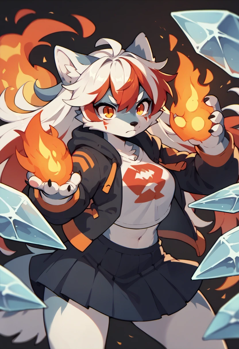 1girl furry,wolf , black and white hair, ice powers,Fire powsers, red hair dye tips in hair, long hair, skirt, hoodie, blue and red, ice and fire,one blue eye, one orange eye