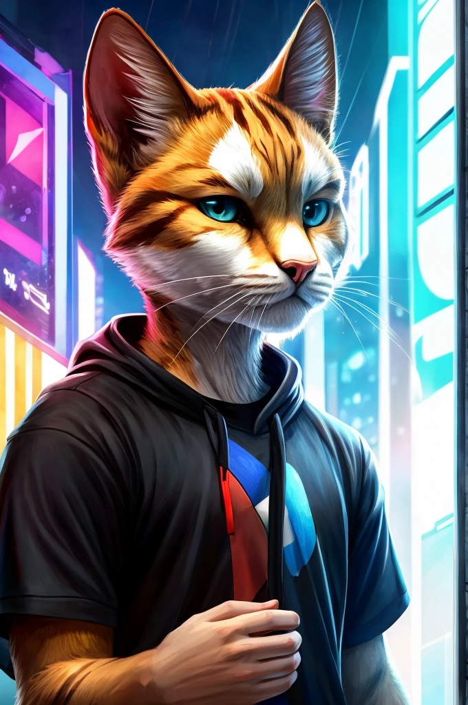 ((best quality)), ((masterpiece)), (detailed), cat eating with Nike shirt looking forward and behind him there is a hacker background.