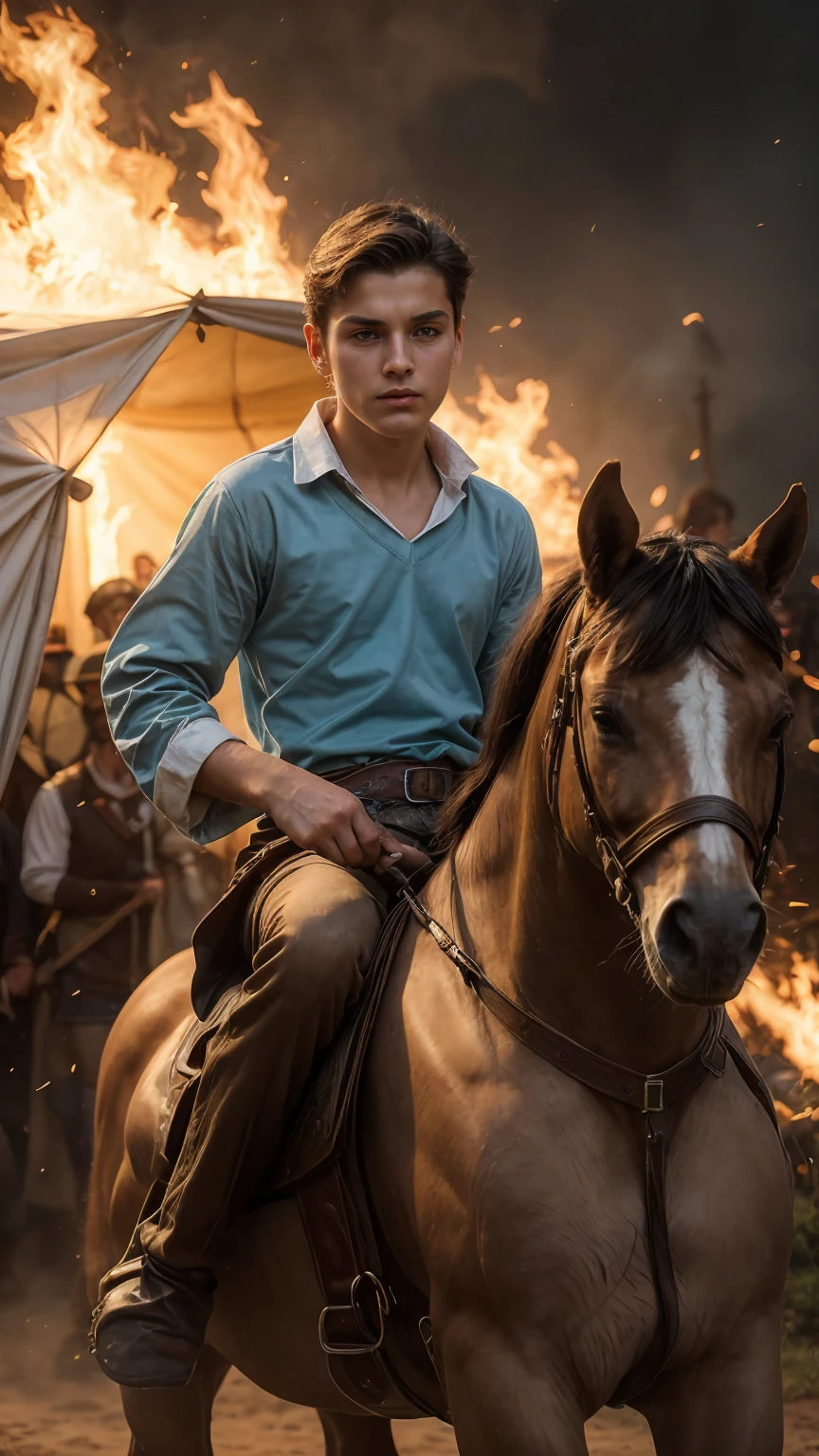 A young male twink,18 years old, with a cute, angelic face, with makeup and black hair, wearing a medieval shirt with ties, a v-neck, and long sleeves, the color aquamarine, and white medieval pants. He is on the battlefield, riding on a horse, as if the horse is galloping. He is holding a sword up and his shield in his hand, and behind him are tents burning with flames of fire, and he looks angrily.