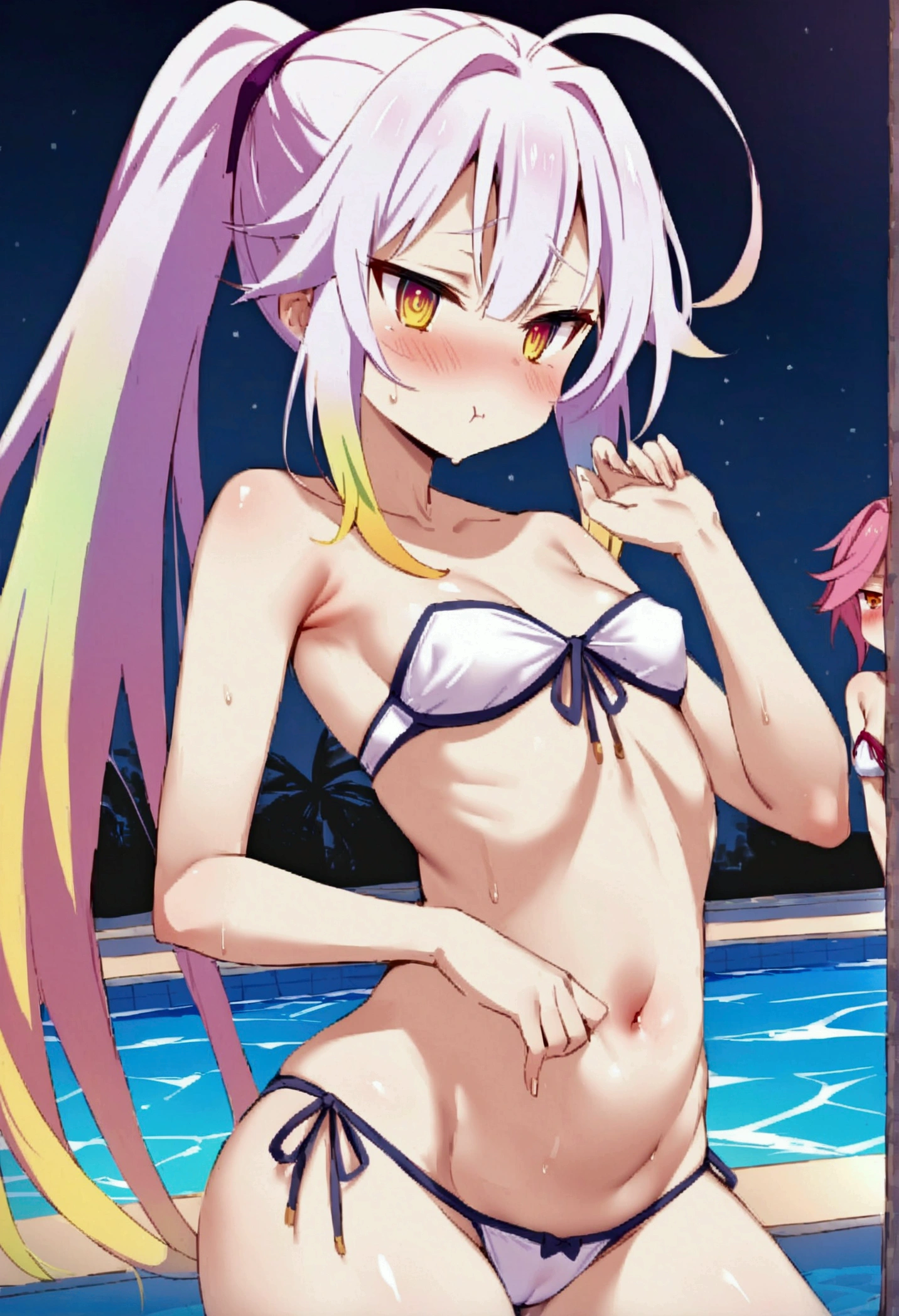 NSFW,masterpiece,Highest quality,High resolution,Very detailed,white\(no game No life\),Small breasts,ponytail,Strapless ribbon bikini top,Tie side bikini bottom,Pool at night,Beach parasol,He doesn't seem too opposed,blush,Sexy pose,Nampa