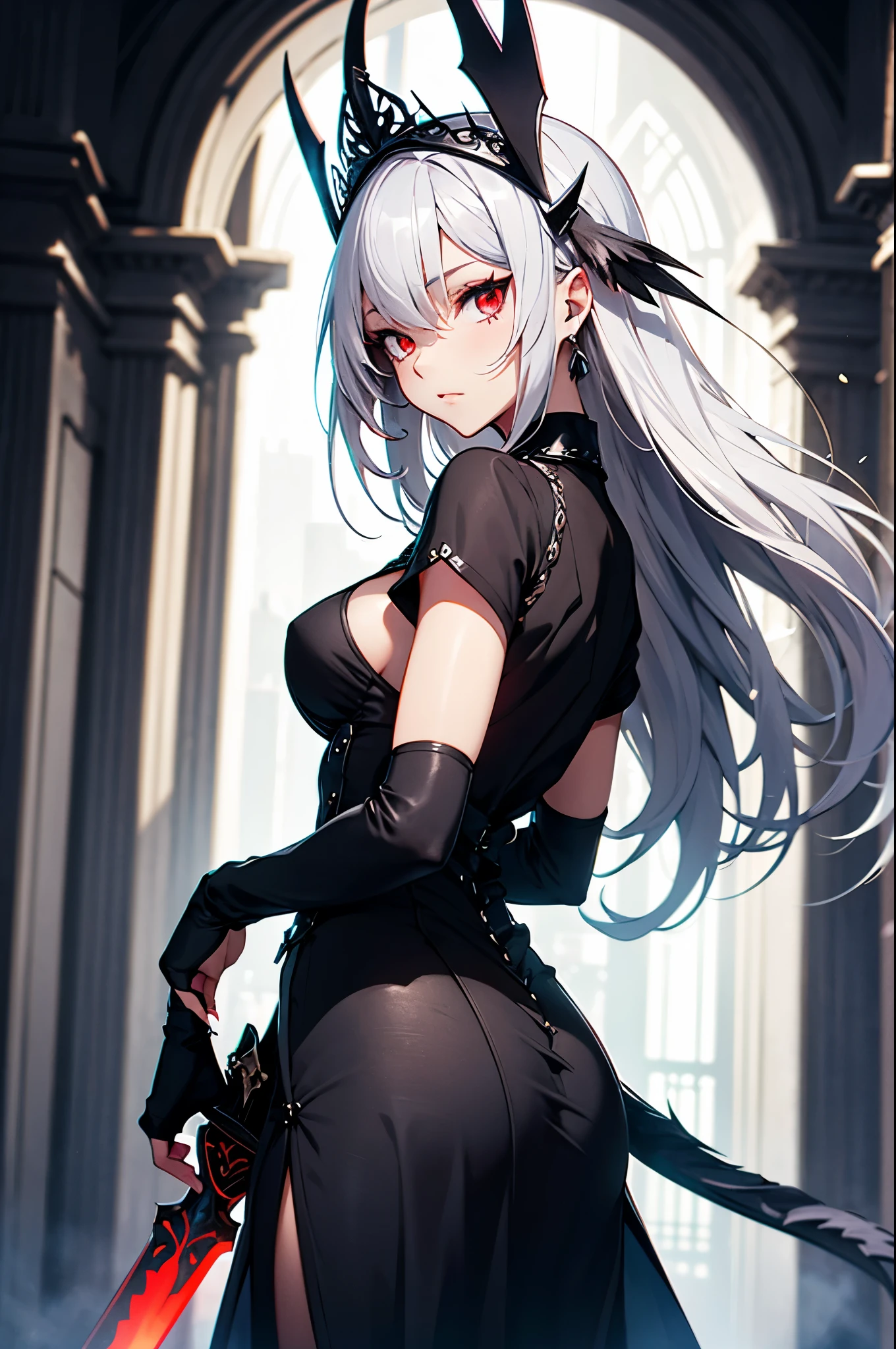 Silver Hair, Side Tail, Gothic, Red eyes, sword, Headdress