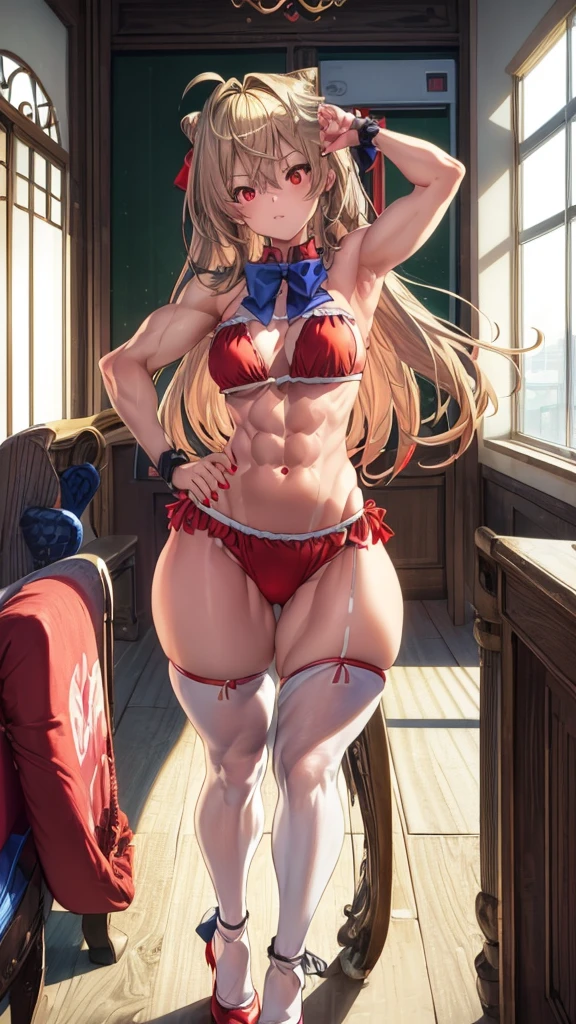 (((1 lolita girl))), when he plows, (Red eyes: 1.5), blond hair, (blond hair: 1.1), by the wide, conical bun, hair ornament, hair shots, He drowned, Stripe, blue bow tie, (tight short bikini, ((red bikini)), white thighs, white thigh highs), has, (muscular belly), well muscled abs, Wide hips, Thin waist, small breasts, (((sitting showing her abs))), wearing black heels, (((pose sexy))), {{sentada abriendo las piernas showing her tight pussy because of the bikini}}, ((showing her tight pussy because of the bikini)), {{{Full body photo}}}, blushing, embarrassed, ashamed, REST looking at the viewer , breaking and entering, room, {on a bed sitting}, interval (masterpiece: 1.2), Best Quality, highest resolution, unity wallpaper 8k, (illustration: 0.8), (beautiful detailed eyes: 1, 6), extremely detailed face, perfect lighting, Extremely detailed CG, (perfect anatomy), {anatomically correct}, {{perfect hands, (correct hands)}.