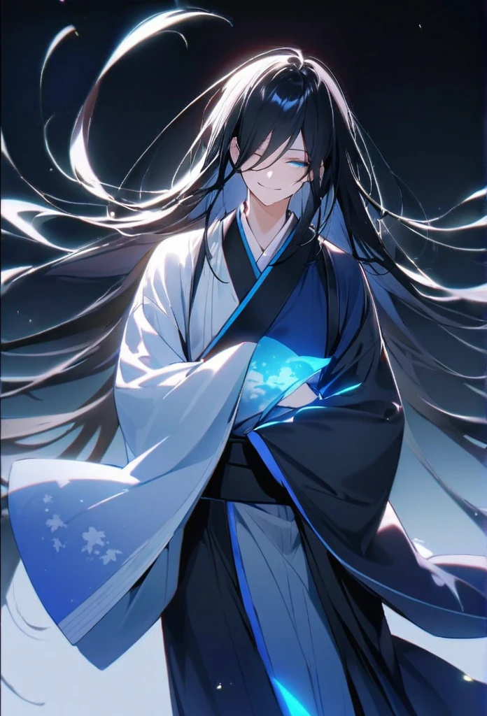 Japanese。male。Sharp Eye。Smile a little。Very long black hair。Plain blue kimono(Dressed in kimono)。A strong wind blows my hair back。Cover your eyes with hair。The background is blue light。Stand up straight。