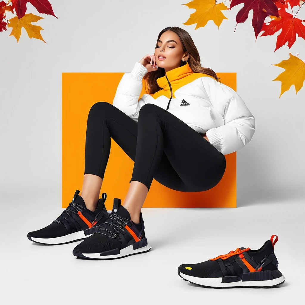 Design an image for the main banner of an urban sneaker store for the "Autumn Winter" season. The image should include a full-body woman, lying on her back with her legs bent up, wearing trendy urban sneakers. The sneakers should be the main focal point, with bright colors and sharp details. The background should be white and minimalist to highlight the shoes