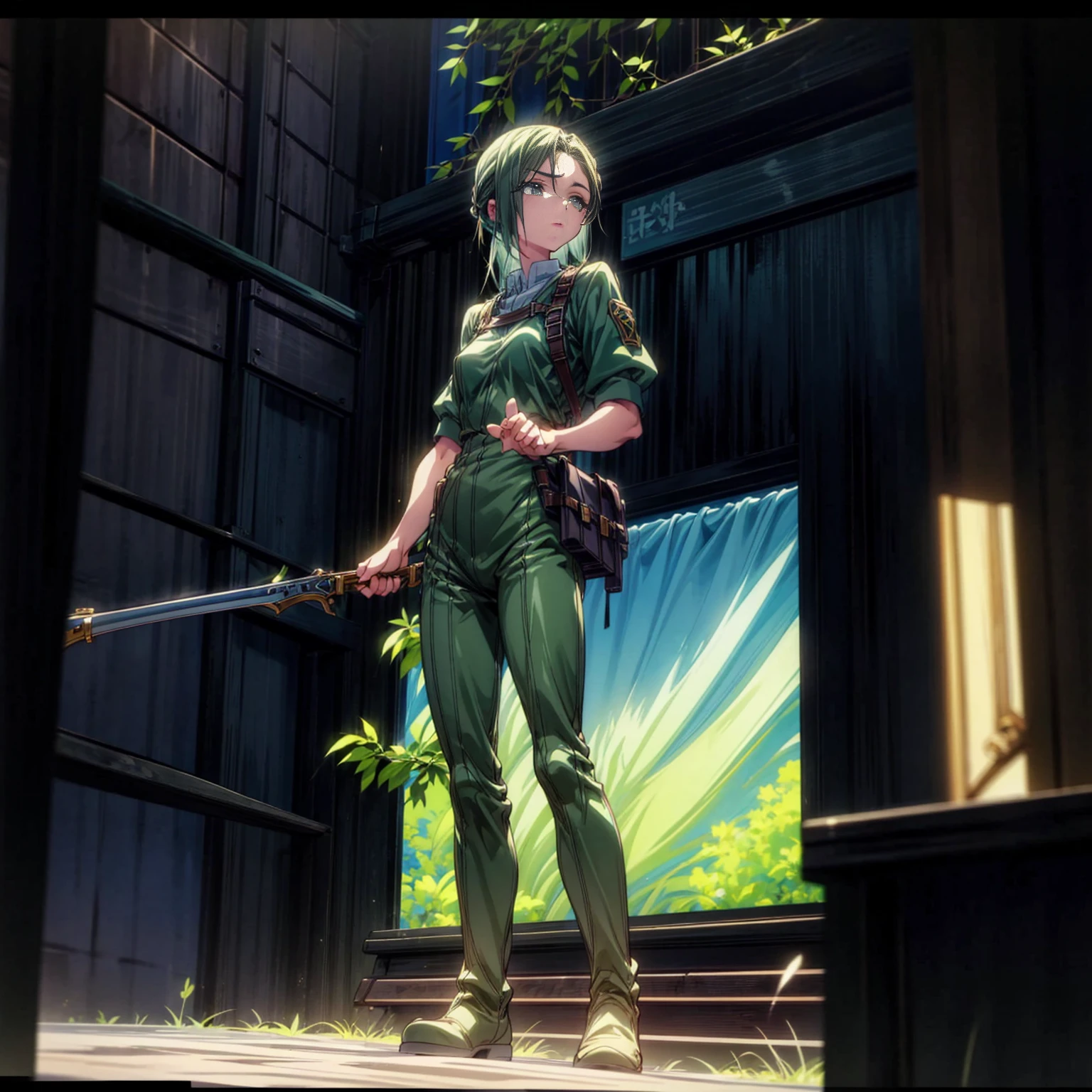 1girl, Full body version, 1character, green eyes, long haircut, skyblue color hair, soldier style clothing, black color clothing, boots, Grassroots, background in city street, motion blur, lighting, (detective conan style art), standing gesture, shotgun in hand