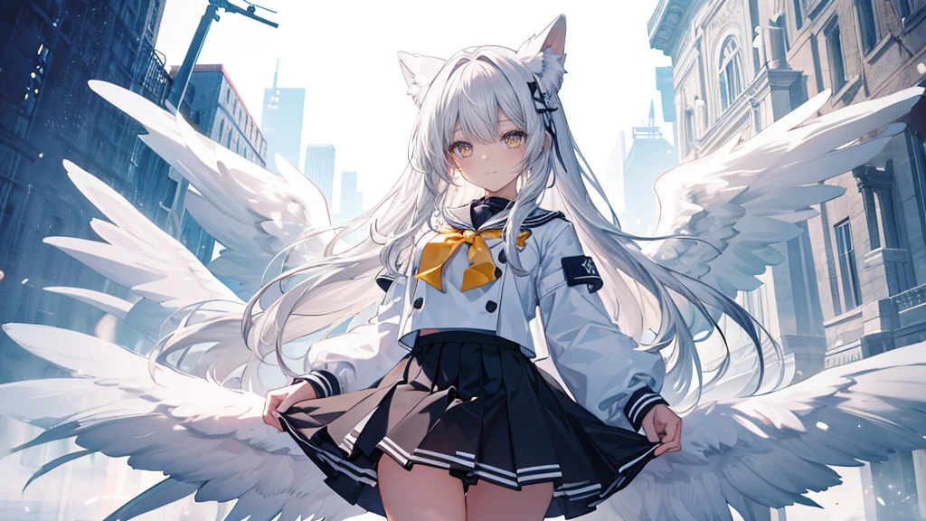 8K resolution, ((of the highest quality)), ((masterpiece)), ((Super detailed)), (very delicate and beautiful), with a girl, Alone, gentle expression, She is very(chill out)with(calm)Appearance,gray fur, Depth of written limits., bright smile, bright yellow eyes, bright white hair, beautiful background, Long Hair - Line Art, black skirt, White uniform like a sailor suit., angel, Angel's white wings, White feathers fluttering, Eyes that shine like amber, upper eye, wonderful eyes, whole body