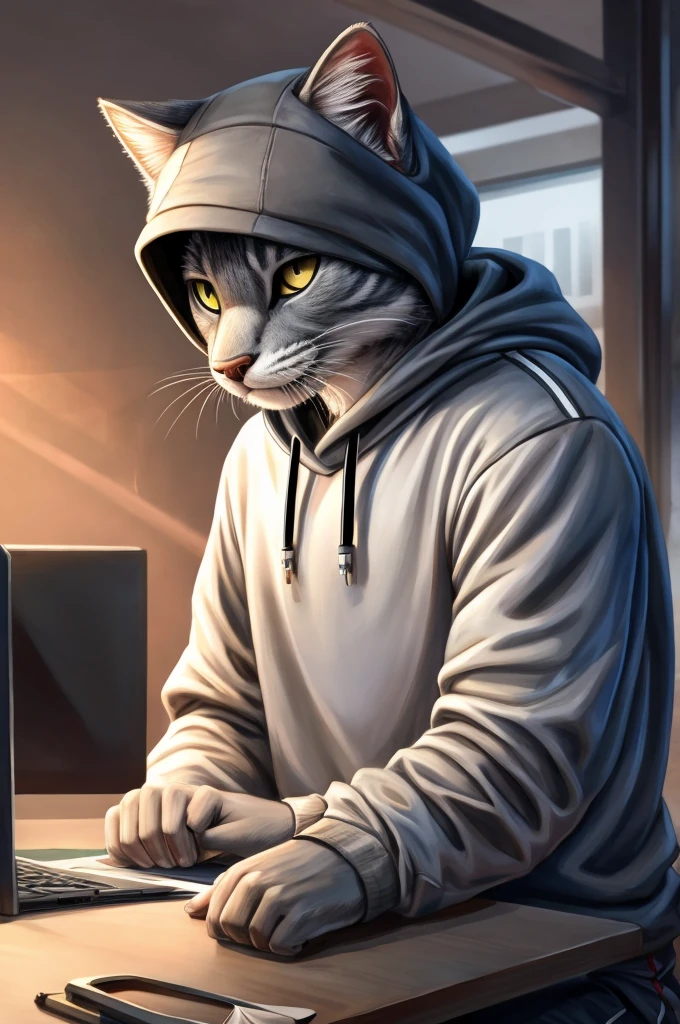((best quality)), ((masterpiece)), (detailed), Gray cat eating with Nike shirt looking forward and behind him there is a hacker background.