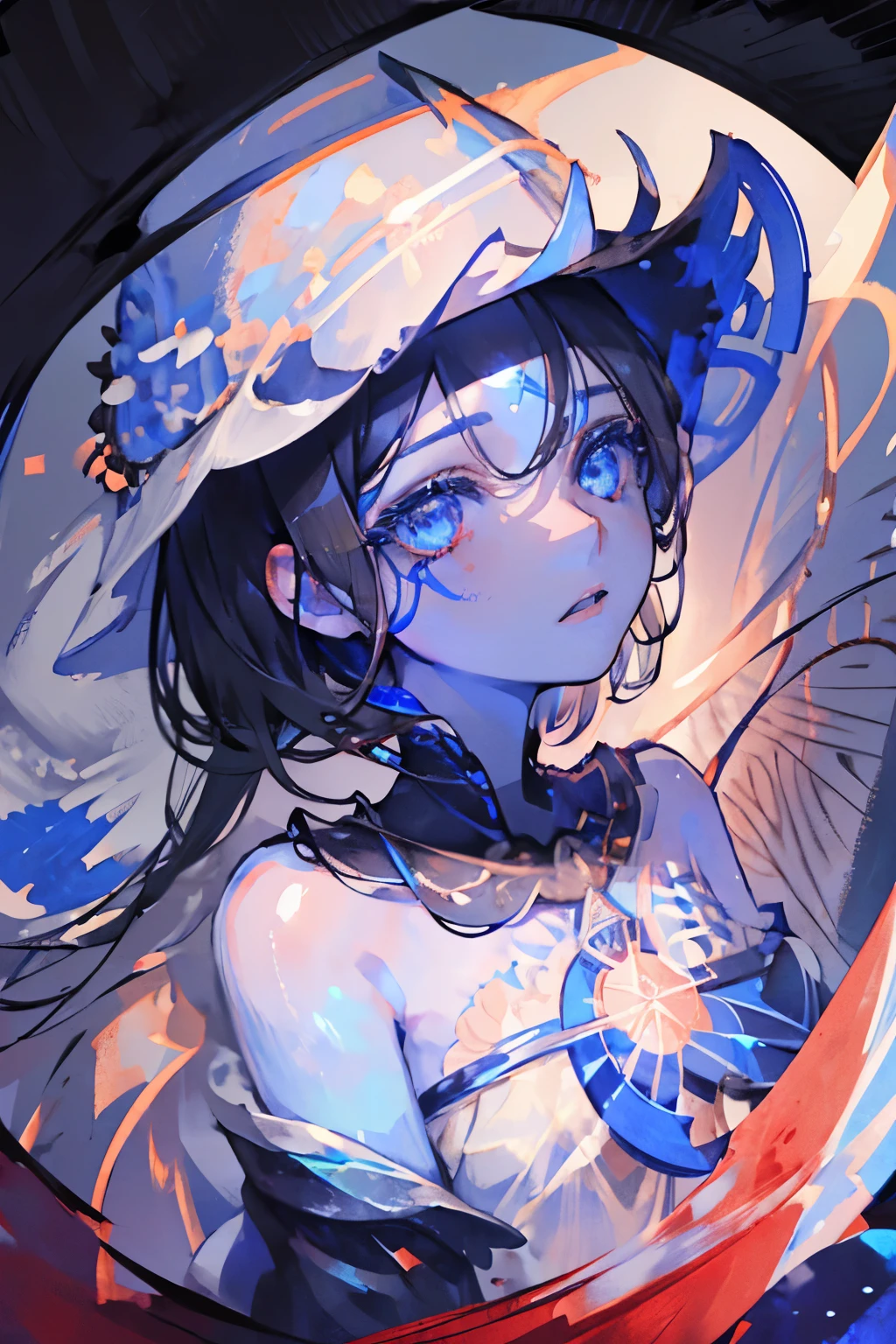 (1 girl: 1.3), (detailed face: 1.1), (detailed blue eyes: 1.1), (detailed small nose: 1.1), (detailed thin lips: 1.1), (black hair: 1.1), scarred skin, bloodshed,

background, pale light, grains of light, ripples, compass, spinning time, countless blades,