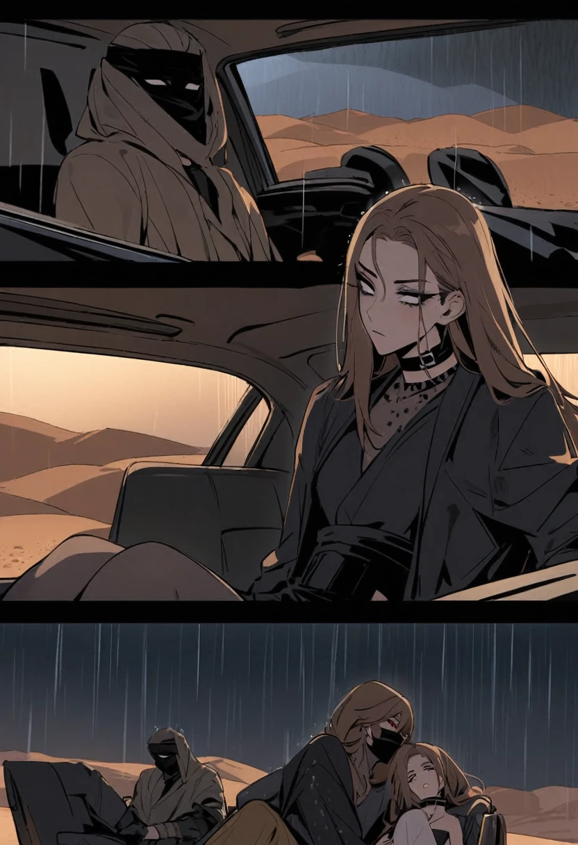 Male arab modern terrorist, terrorist, black balaclava, black bandage, white  eyes, black clothes, thin waist, femboy, light skin, makeup, black eyeliner, big eyelashes, black eyeshadow, choker, inside the car, desert, night, rain, hetero duo, 1girl, brown long hair girl, girl without a mask, makeup, she sits on him