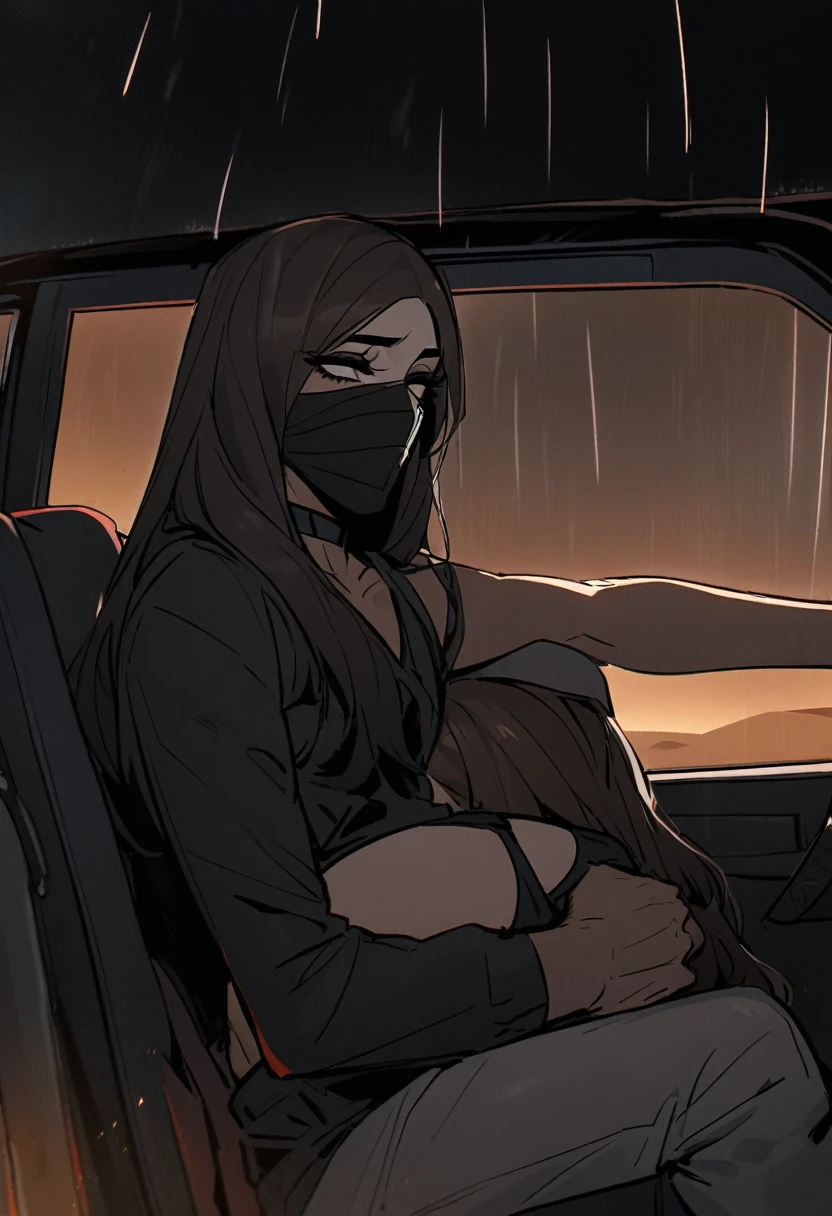 Male arab modern terrorist, terrorist, black balaclava, black bandage, white eyes, black clothes, thin waist, femboy, light skin, makeup, black eyeliner, big eyelashes, black eyeshadow, choker, inside the car, desert, night, rain, hetero duo, 1girl, brown long hair girl, girl without a mask, makeup, she sits on him