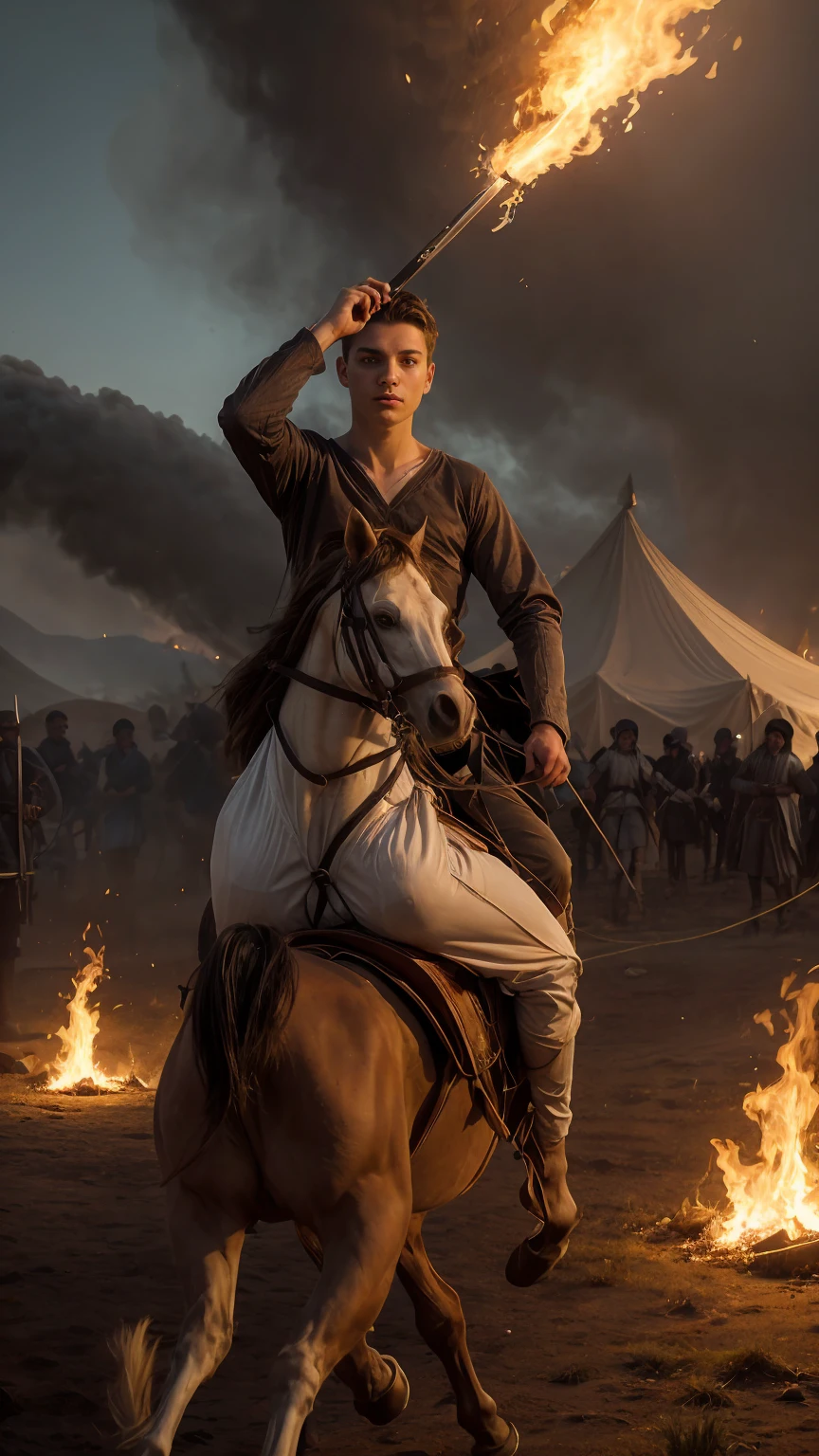 A young male twink,18 years old, with a cute, angelic face, with makeup and black hair, wearing a medieval shirt with ties, a v-neck, and long sleeves, the color aquamarine, and white medieval pants. He is on the battlefield, riding on a horse, as if the horse is galloping. He is holding a sword up and his shield in his hand, and behind him are tents burning with flames of fire, and he looks angrily.
