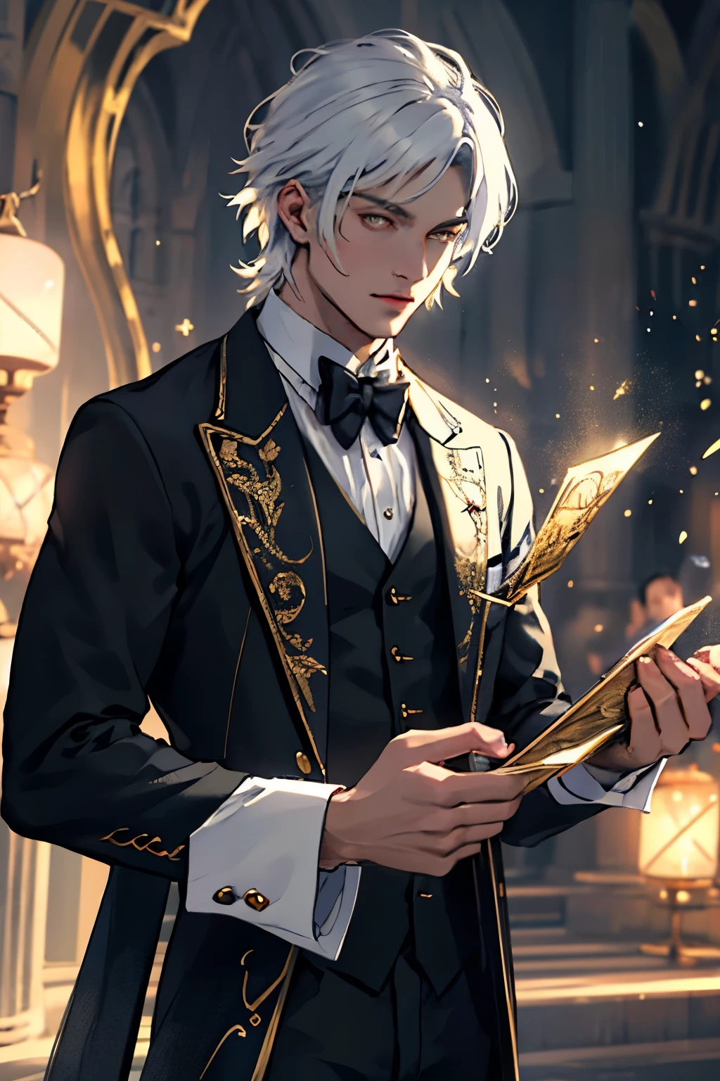 Man, 30 years old, aristocracy, black suit, gold elements, white hair, white eyes, magic, witchcraft,