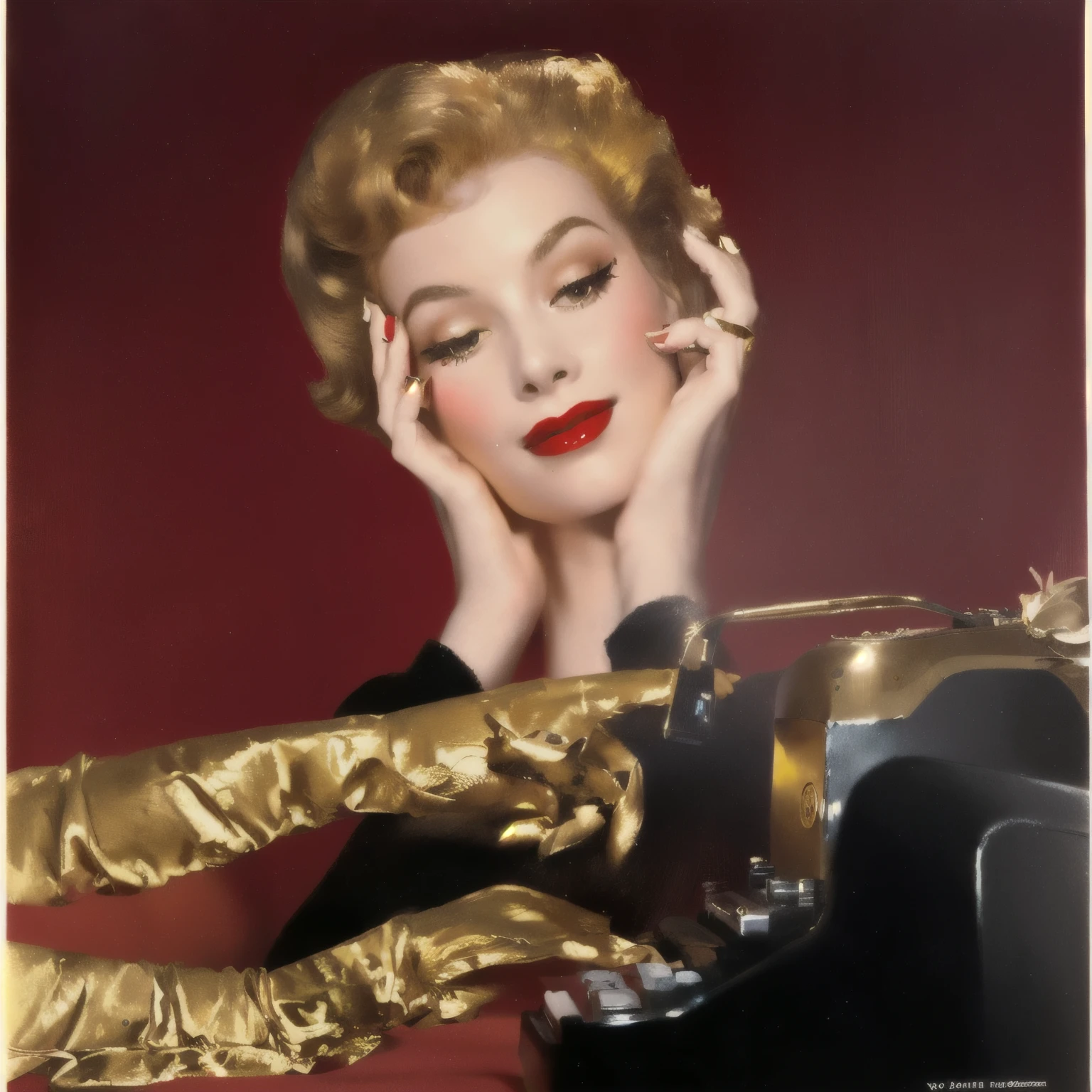 arafed woman with red lipstick and gold gloves typing on a typewriter, joe webb, inspired by Grete Stern, by Coby Whitmore, vintage makeup, 5 0 s pulp illustration, 1950s illustration style, by Hovsep Pushman, by Kelly Freas, inspired by Hovsep Pushman, vintage magazine illustration