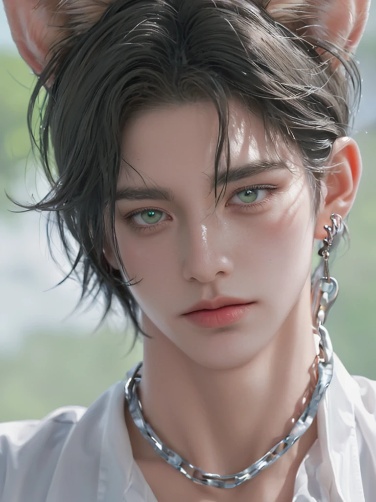 1 boy, portrait, earrings, One,lips,  male focus,Light green eyes, I look at the viewer,black shaggy short hair, closed mouth, and thin, but a muscled guy in a cage in chains. Torn white clothes. 12years. high. Beautiful.Bright green eyes with cat-like pupils. fluffy cat ears. Fantasy world.animal ears, fluffy cat ears, yellow eyes, short hair, Hair in front of ears, accuracy, a high resolution, masterpiece, realistic anatomy, Best quality, high quality, very detailed, 
