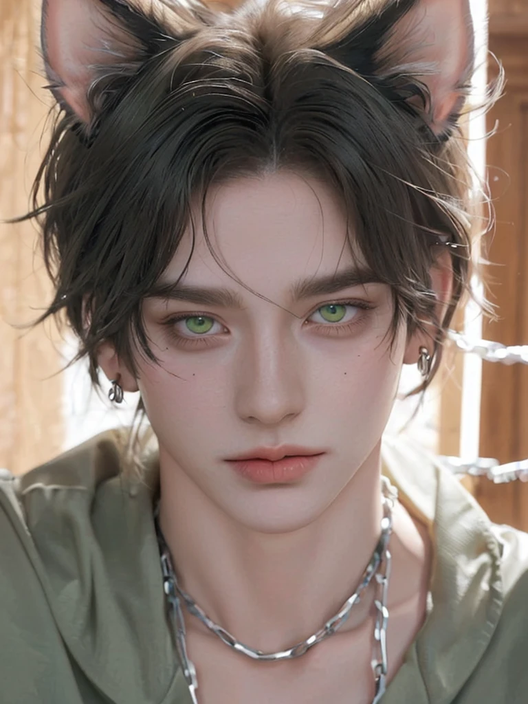 1 boy, portrait, earrings, One,lips, male focus,Light green eyes, I look at the viewer,black shaggy short hair, closed mouth, and thin, but a muscled guy in a cage in chains. Torn white clothes. 12years. high. Beautiful.Bright green eyes with cat-like pupils. fluffy cat ears. Fantasy world.animal ears, fluffy cat ears, yellow eyes, short hair, Hair in front of ears, accuracy, a high resolution, masterpiece, realistic anatomy, Best quality, high quality, very detailed,