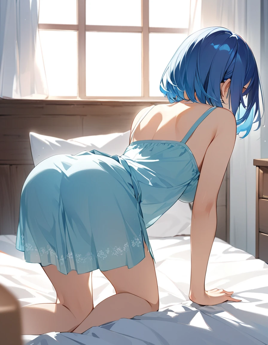 (Top quality illustrations:1.2), (pretty girl:1.1), (1 girl、、Top quality illustrations:1.2),、from behind, hip focus, looking around (1 girl、Beautiful breasts)、Bright blue hair、Short Bob Hair、 {Camisole dress},  Medium chest、Cowboy Shot、Bedroom、On the bed, On all fours
