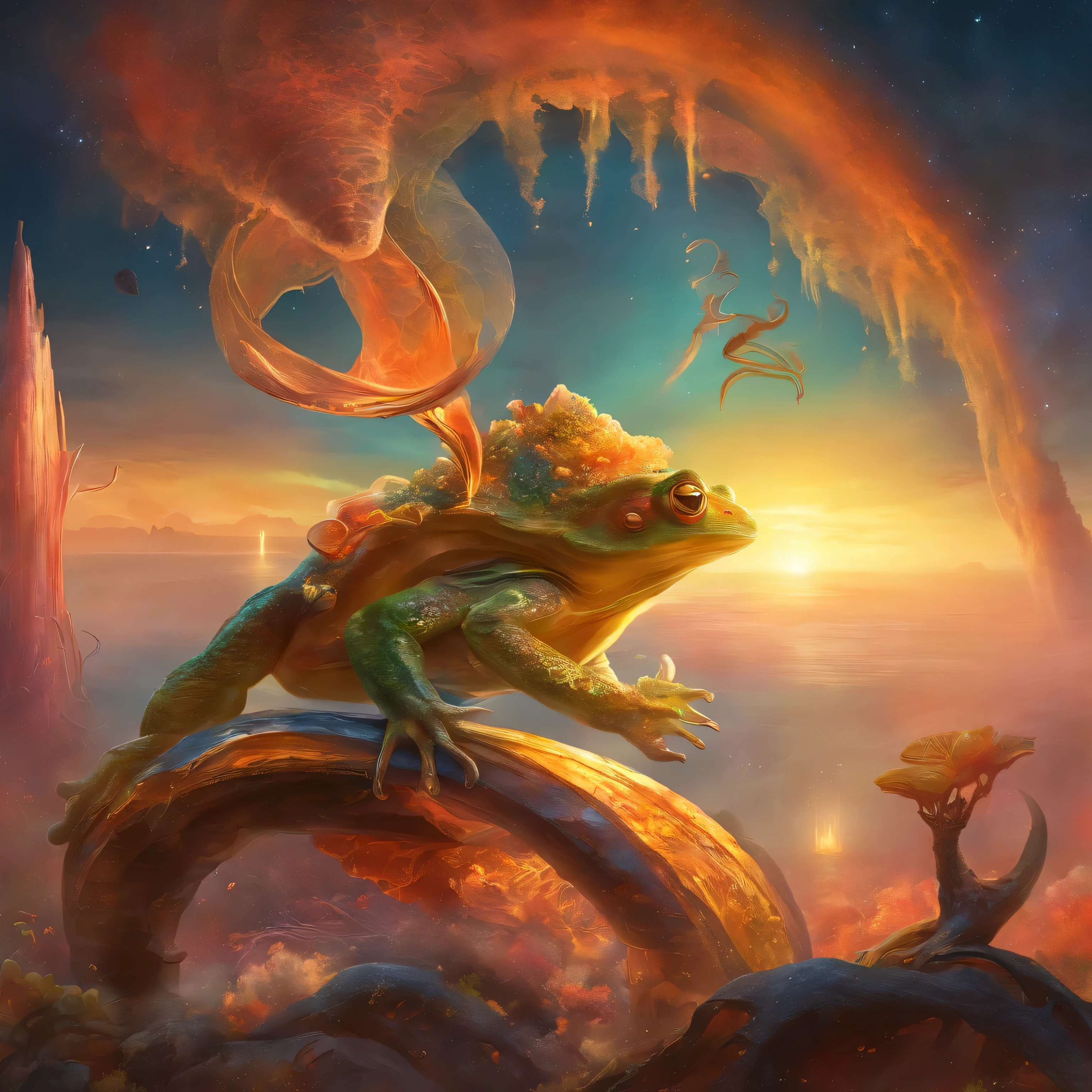 ((super quality))((detailded))famousartwork (by Julie Baroh:1.4), (Fractal Art:1.0), FantasyStyle, seen here is the wonderful (amphibian:1.2) warplobber grosseiro com seu quizzleflarp psorbificado e (lustrous, Simplified Features:1.2), prefers to drizzle next to one of the colorful ones and often (erupting geysers:1.4) from the exoplanet blampfchoddering new grinflob, work of art, best qualityer, ultra detailded