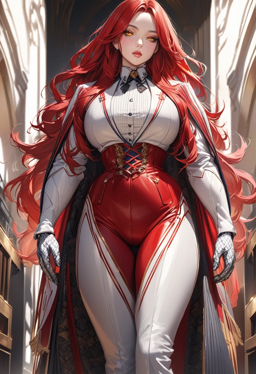 Tall beautiful woman with red hair and yellow eyes、Extremely realistic and detailed suit costume