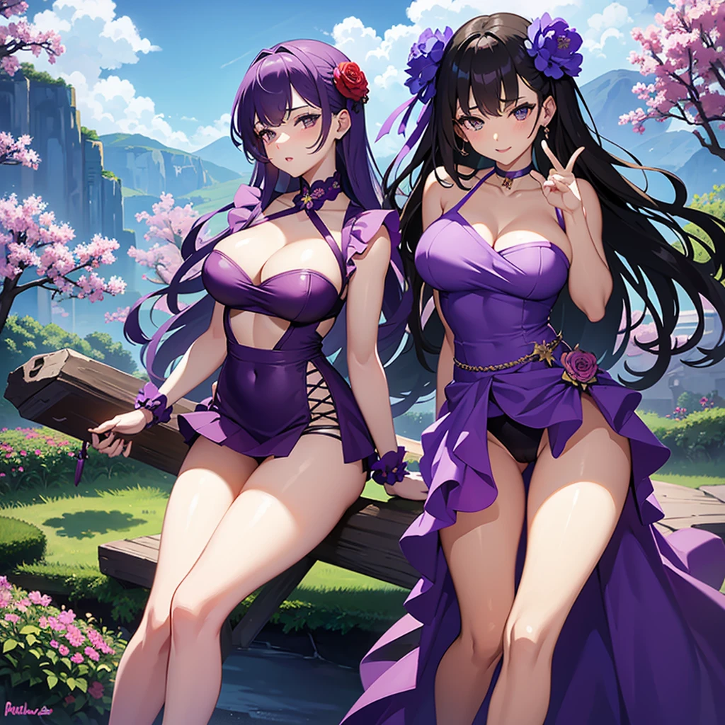 Make an image of a beautiful and pretty woman holding a purple flower, make her look beautiful and pretty and hot, make her chest a bit big, give a good view of the landscape as well, she's wearing a tight shirt and a short skirt, her background landscape is beautiful, make her look hotter and sexier
