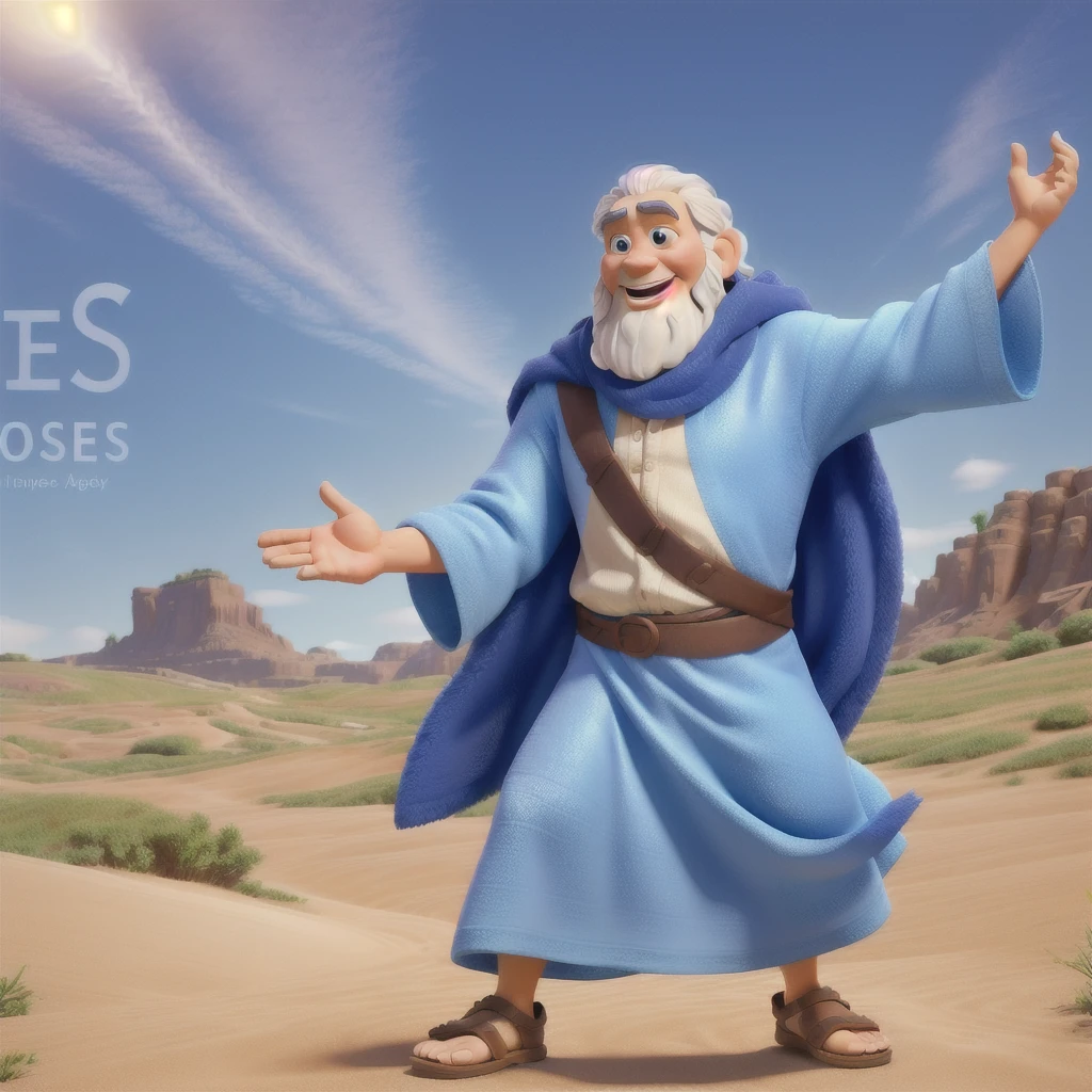 Moses, full body character, open arms, Disney Pixar style