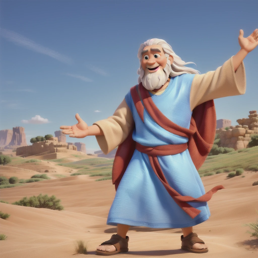Moses, full body character, open arms, Disney Pixar style