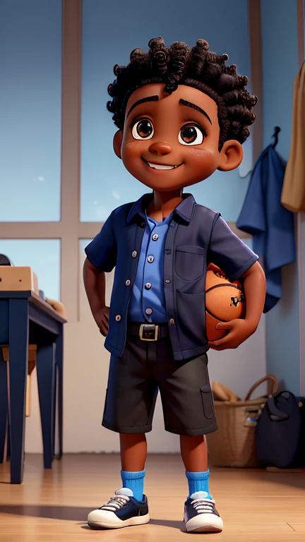a photo of David, an 8 year old boy, happy and smiling, fat, African, black skin, short curly black hair, black eyes, blue shirt and black shorts, black shoes, with a basketball in his hands
