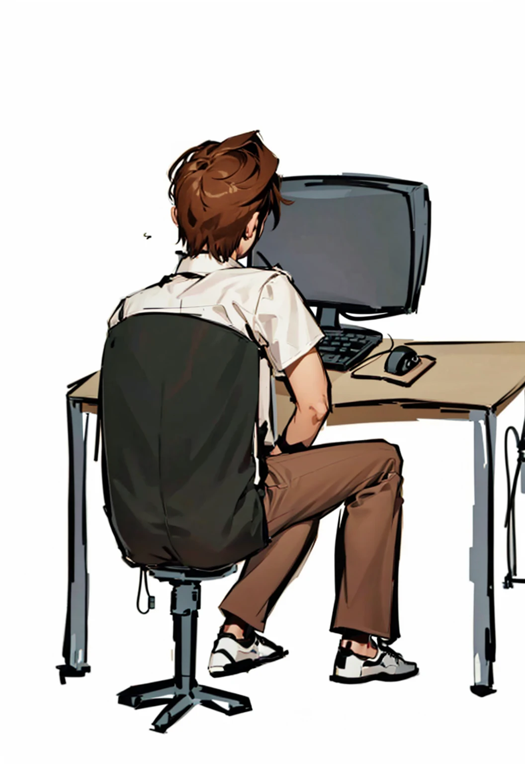 Slim 17-year-old boy wearing a white short-sleeved dress shirt, brown pants and white sneakers, brown hair is sitting in a chair in front of a computer, keyboard,mouse,This is on the back of a wooden table