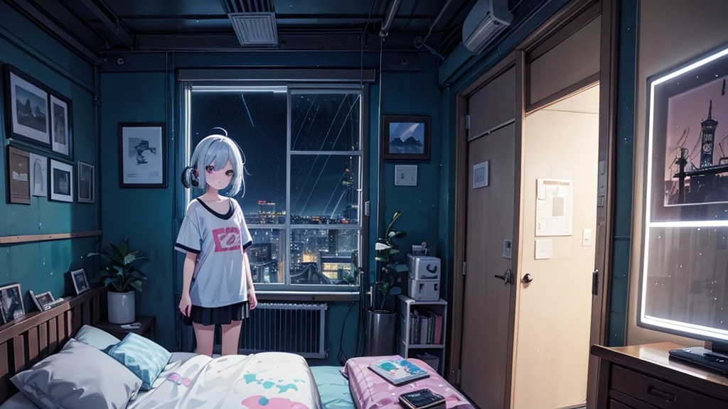 girl in her room, dream, Please wear headphones., night light, Neon landscape on a rainy day, Analog color theme, Lo-Fi Hip Hop , retrospective exhibition, flat, 2.5D ,Draw a line, ink painting, Osaka Road, Watercolor painting, gouche paint, Studio Ghibli Style, Very bright colors, Outerton, Kraut Lock, Lofiato, 70's style,Old meat, Amplitude,Psychedelic atmosphere, Masterpiece, Amazing technology,