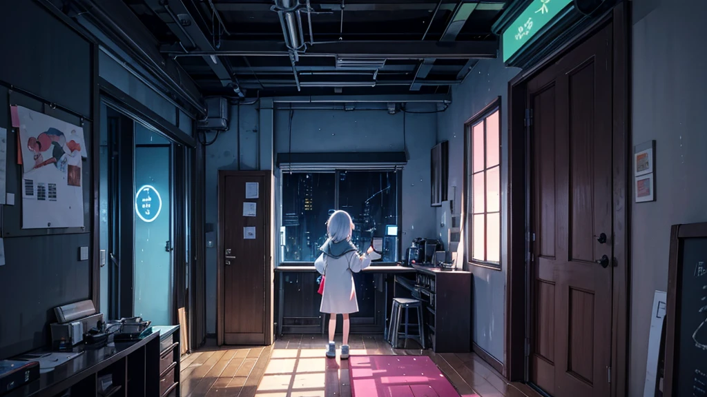 girl in her room, dream, Please wear headphones., night light, Neon landscape on a rainy day, Analog color theme, Lo-Fi Hip Hop , retrospective exhibition, flat, 2.5D ,Draw a line, ink painting, Osaka Road, Watercolor painting, gouche paint, Studio Ghibli Style, Very bright colors, Outerton, Kraut Lock, Lofiato, 70's style,Old meat, Amplitude,Psychedelic atmosphere, Masterpiece, Amazing technology,