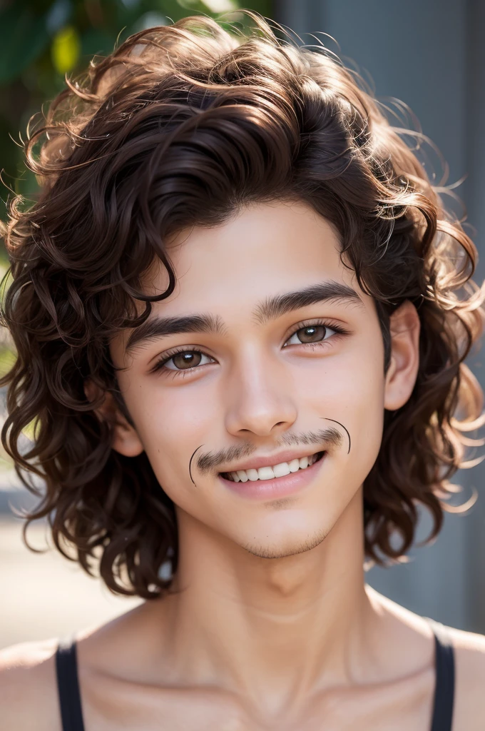 16 year old boy with short dark brown curly hair done with dedulis , olhos cor mel, a very thin mustache and a beautiful smile