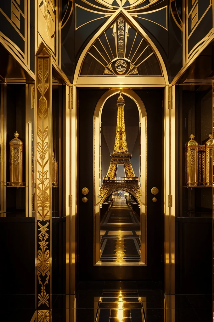 a highly detailed art deco poster, gold metallic colors, geometric Eiffel Tower, Paris 1924 Olympic Games, gold medal, surreal, hyperreal, volumetric lighting, cinematic, award-winning, intricate patterns, luxurious, elegant, dynamic composition, dramatic shadows, vibrant colors, reflective surfaces, best quality, 8k, photorealistic, studio lighting, physics-based rendering, extreme detail depiction, vivid colors and title to read gold medal paris 1924