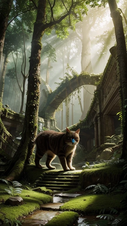 Hyper-realistic digital painting of a giant cat exploring ancient ruins hidden deep in a jungle. The ruins, with their intricate carvings and moss-covered stones, hint at a long-lost civilization. The cat moves gracefully through the ruins, its fur brushing against the ancient structures. Sunlight filters through the dense canopy above, casting dappled light on the scene. The atmosphere is mysterious and adventurous, with the giant cat adding an element of wonder and discovery. Cinematic composition, trending on ArtStation