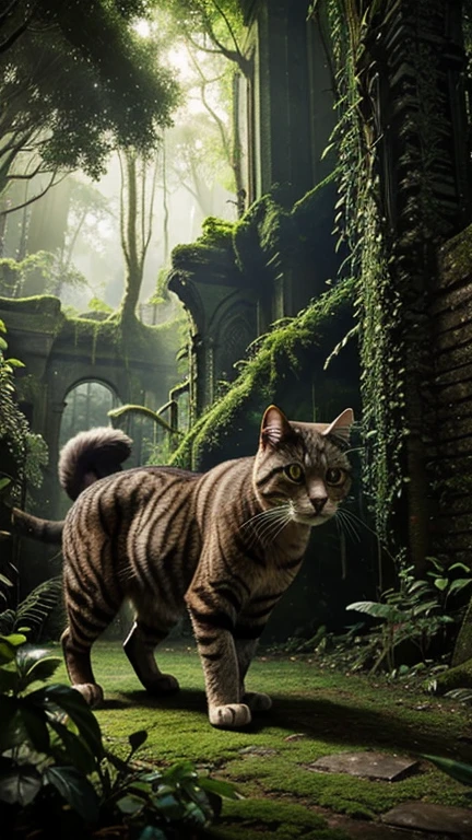 Hyper-realistic digital painting of a giant cat exploring ancient ruins hidden deep in a jungle. The ruins, with their intricate carvings and moss-covered stones, hint at a long-lost civilization. The cat moves gracefully through the ruins, its fur brushing against the ancient structures. Sunlight filters through the dense canopy above, casting dappled light on the scene. The atmosphere is mysterious and adventurous, with the giant cat adding an element of wonder and discovery. Cinematic composition, trending on ArtStation
