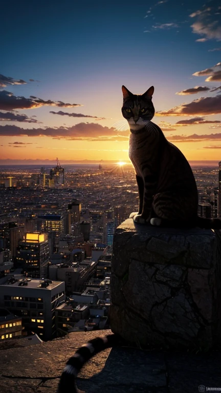 Hyper-realistic digital painting of a giant cat sitting on a hill, overlooking a sprawling modern metropolis at sunset. The city's lights begin to twinkle as the sun sets, casting a warm glow over the landscape. The cat's silhouette is striking against the colorful sky, and its eyes reflect the lights of the city below. The scene captures a sense of tranquility and awe, with the giant feline peacefully observing the human world from its vantage point. Cinematic composition, trending on ArtStation.