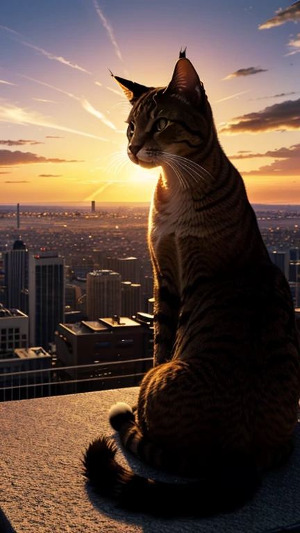 Hyper-realistic digital painting of a giant cat sitting on a hill, overlooking a sprawling modern metropolis at sunset. The city's lights begin to twinkle as the sun sets, casting a warm glow over the landscape. The cat's silhouette is striking against the colorful sky, and its eyes reflect the lights of the city below. The scene captures a sense of tranquility and awe, with the giant feline peacefully observing the human world from its vantage point. Cinematic composition, trending on ArtStation.