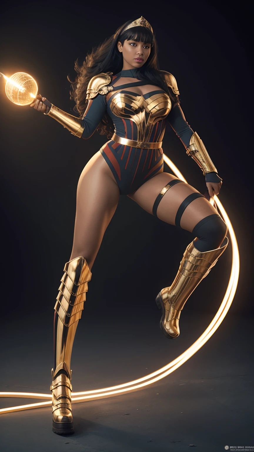 ((photo by full body, standing, Feet on the ground)) 1girl, solo, Yara Flor, (Dark-skinned female), black hair, long hair, tiara, leotard, armor, mole under eye, gold boots, perfect costume, perfect curves, beautiful and stunning face