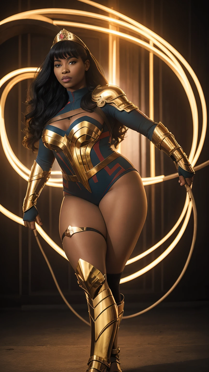 ((photo by full body, standing, Feet on the ground)) 1girl, solo, Yara Flor, (Dark-skinned female), black hair, long hair, tiara, leotard, armor, mole under eye, gold boots, perfect costume, perfect curves, beautiful and stunning face