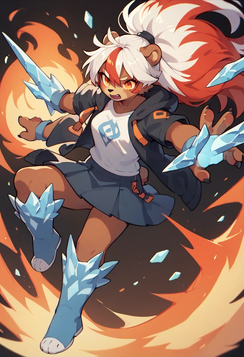 1girl furry,bear, black and white hair, ice powers,Fire powsers, red hair dye tips in hair, long hair, skirt, hoodie, blue and red, ice and fire,one blue eye, one orange eye
