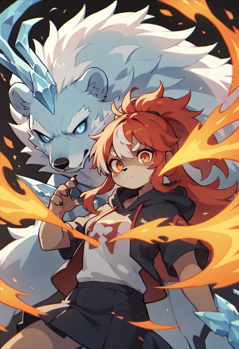 1girl furry,bear, black and white hair, ice powers,Fire powsers, red hair dye tips in hair, long hair, skirt, hoodie, blue and red, ice and fire,one blue eye, one orange eye
