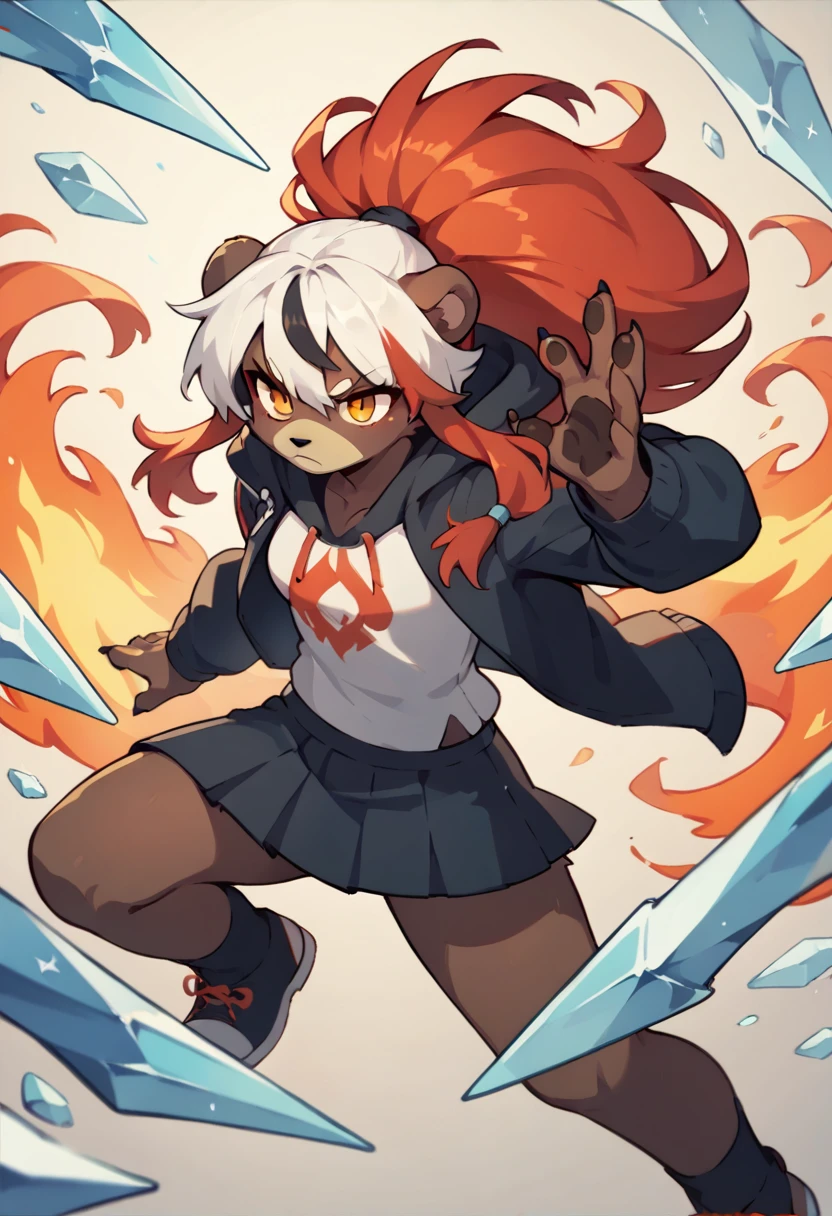 1girl furry,bear, black and white hair, ice powers,Fire powsers, red hair dye tips in hair, long hair, skirt, hoodie, blue and red, ice and fire,one blue eye, one orange eye