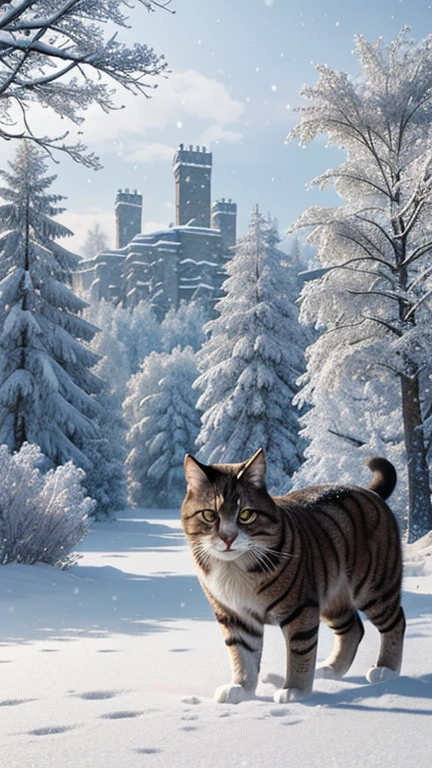 Hyper-realistic digital painting of a giant cat wandering through a snowy landscape, its fur covered in frost and snowflakes. The winter wonderland is beautifully detailed, with snow-covered trees, frozen lakes, and gentle snowfall. The cat's breath creates small clouds in the cold air as it moves gracefully through the scene. The overall atmosphere is serene and magical, capturing the beauty of winter and the majestic presence of the giant cat. Cinematic composition, trending on ArtStation.