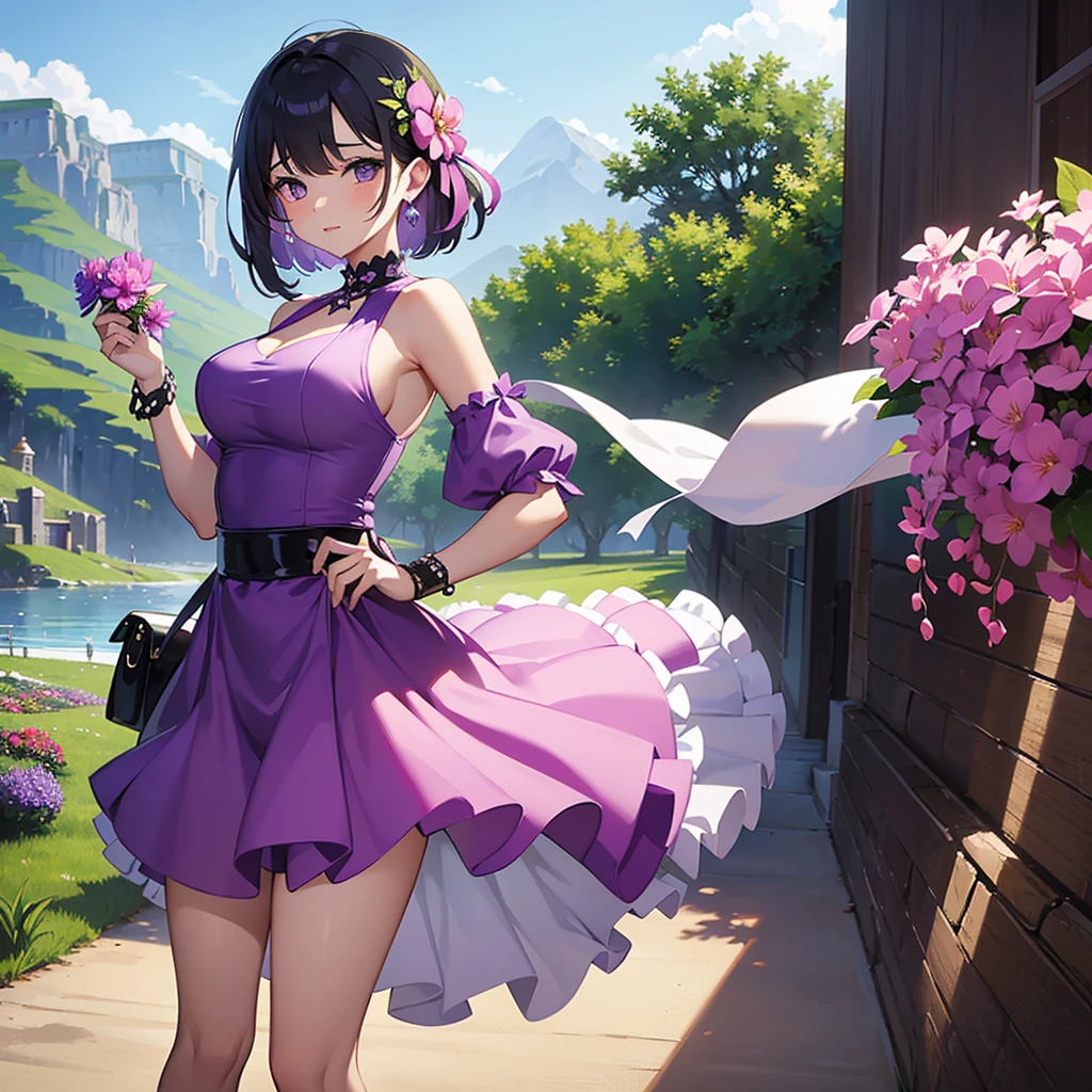 Make an image of a beautiful and pretty woman holding a purple flower, make her look beautiful and pretty and hot, make her chest very big, give a good view of the landscape as well, she's wearing a tight shirt and a short skirt, her background landscape is beautiful, make her look hotter and sexier 