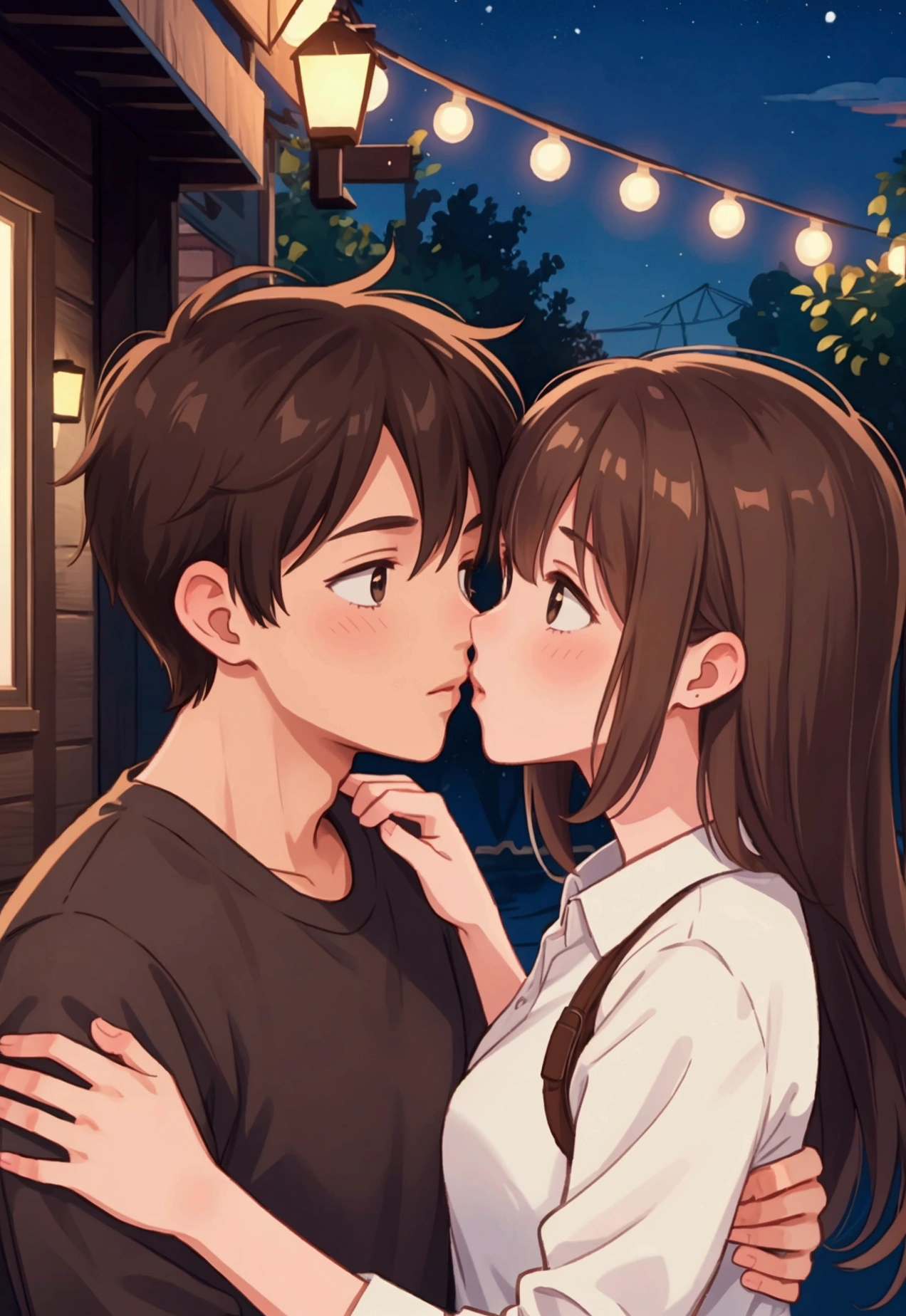 a couple kissing , male and female, brown hair, night time