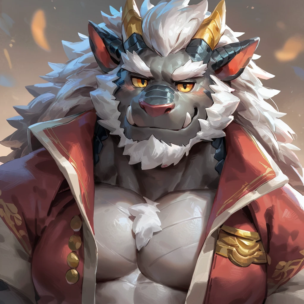 (artist: gamma_g, lindong, null-ghost, dangpa) 1male, sfw, eastern dragon, character design, bara, one fluffy tail, old man, fluffy mane, perfect eyes, grey body, white hair, background, solo, scales, detailed scales, golden decals, casual western clothes, sharp short ears, yellow iris, white sclera, big eyes, white beard, sharp iris, thick thighs, muscular legs, veiny, fluffy hair, detailed face:2.0, one tail, masterpiece:2.0, sharp fang, perfect eyes, smug, chest fluff, (SuperQuality:1.0) ~ (SuperQuality:1.2)